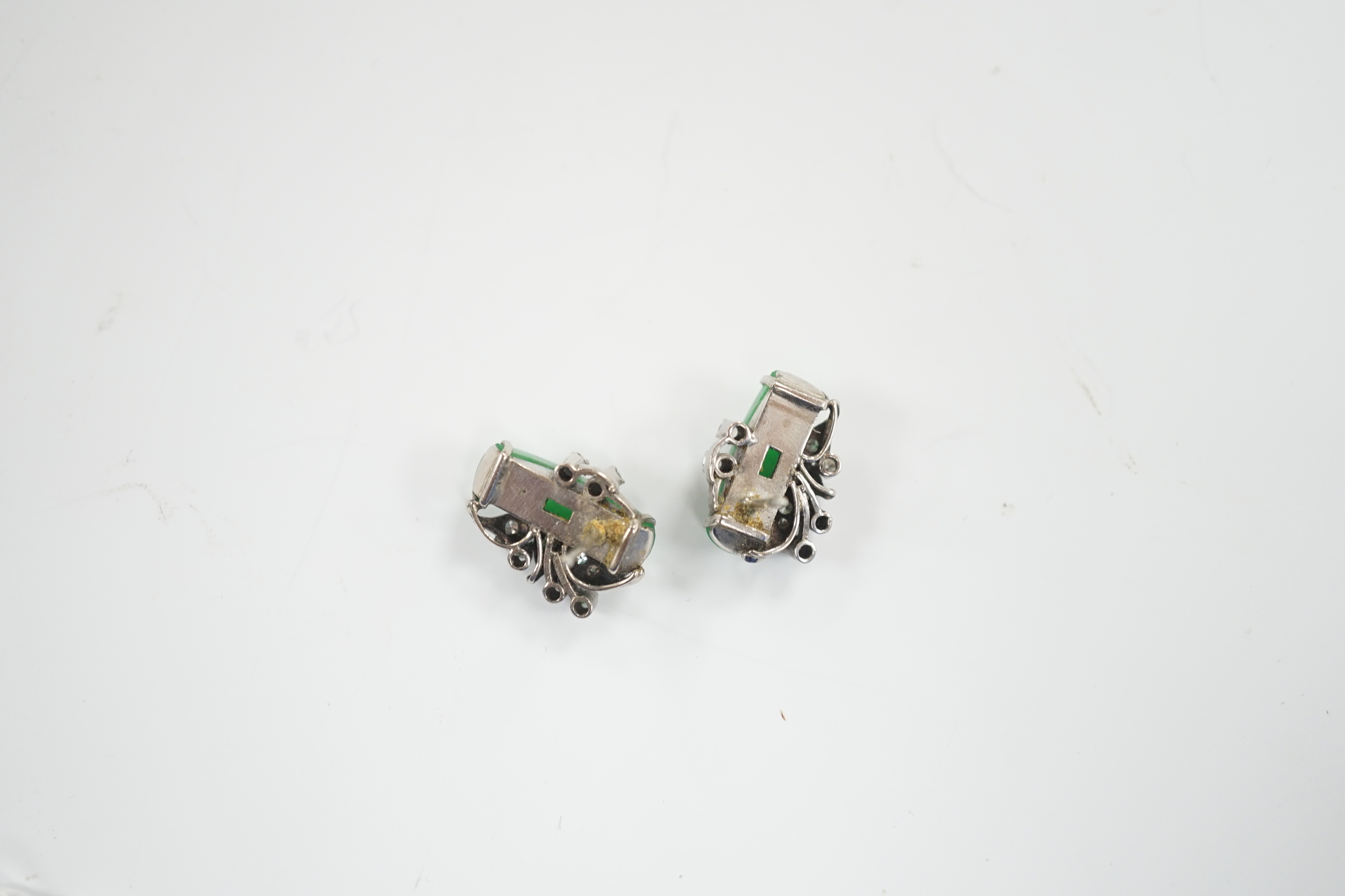 A pair of mid 20th century white metal, jade and diamond cluster set ear studs, 15mm, gross weight 4.6 grams.